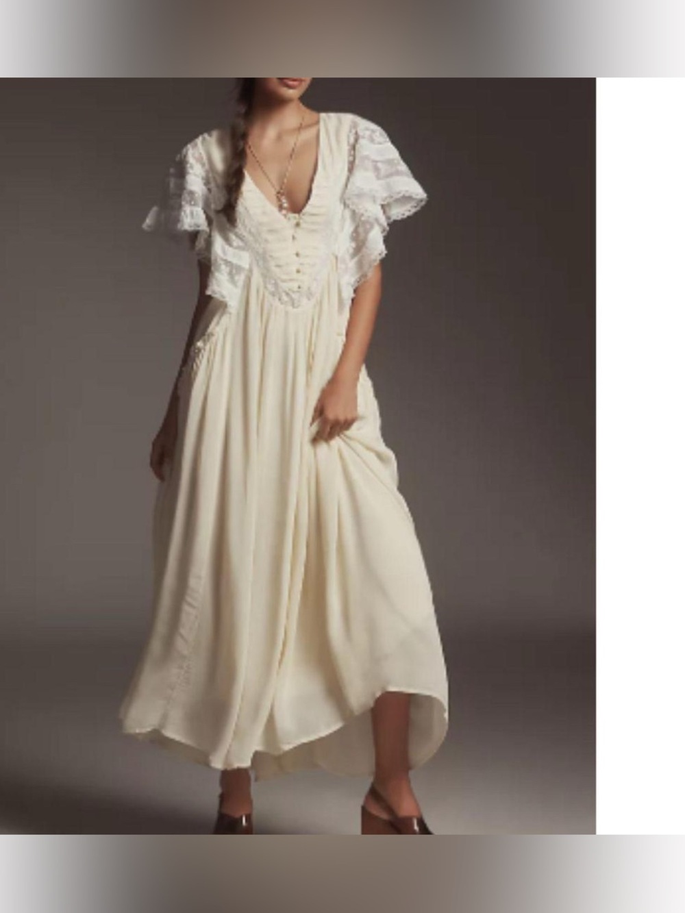 Anthropologie lace v-neck flatter sleeve midi cream white dress size M